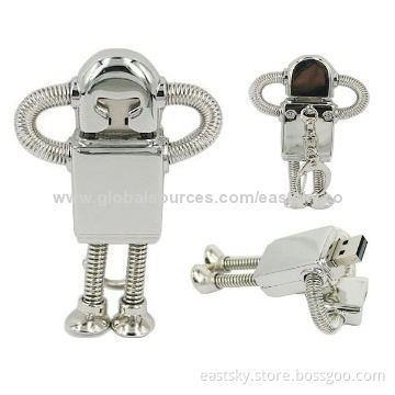 Promotional robot shape USB drive, made of metal material, capless, 64MB to 32GB memory capacity